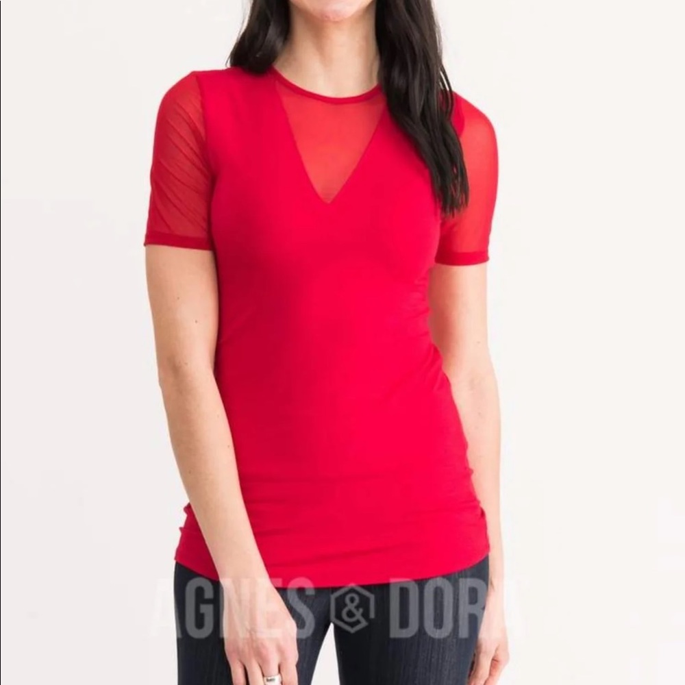 Agnes & Dora SMALL Sheer Sleeve V Neck Tee NWT